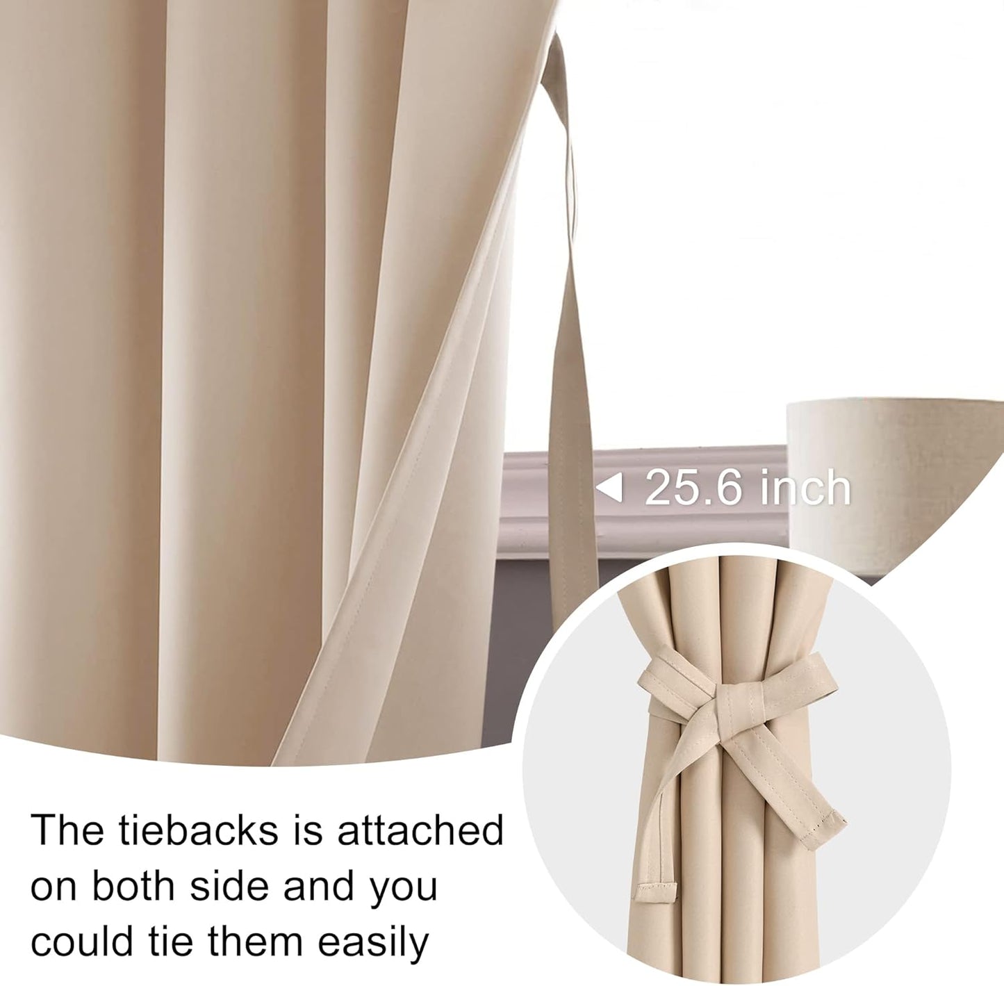 Blackout Curtains for Bedroom– Thermal Insulated,Noise Reducing Room Darkening Rod Pocket Curtains for Living Room, Set of 2 Panels with Tiebacks, 42 X 63 Inch Long, Beige
