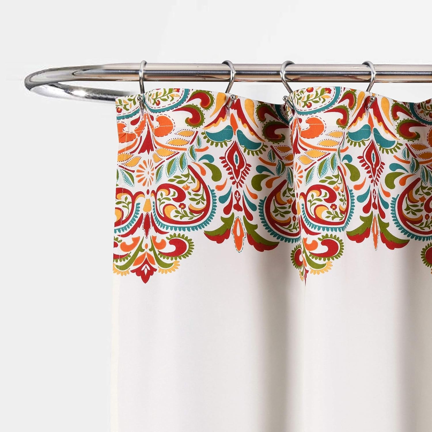 Clara Shower Curtain-Fabric Colorful Boho Paisley Damask Print Design, 72” X 72”, Turquiose & Tangerine