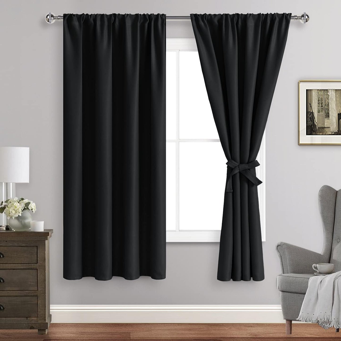 Blackout Curtains for Bedroom– Thermal Insulated,Noise Reducing Room Darkening Rod Pocket Curtains for Living Room, Set of 2 Panels with Tiebacks, 42 X 63 Inch Long, Black