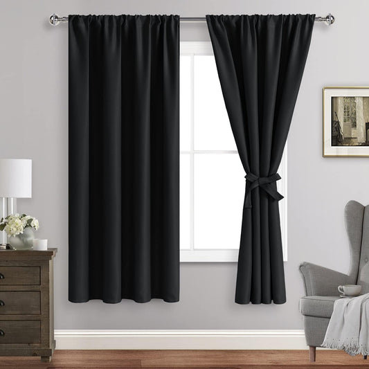 Blackout Curtains for Bedroom– Thermal Insulated,Noise Reducing Room Darkening Rod Pocket Curtains for Living Room, Set of 2 Panels with Tiebacks, 42 X 63 Inch Long, Black