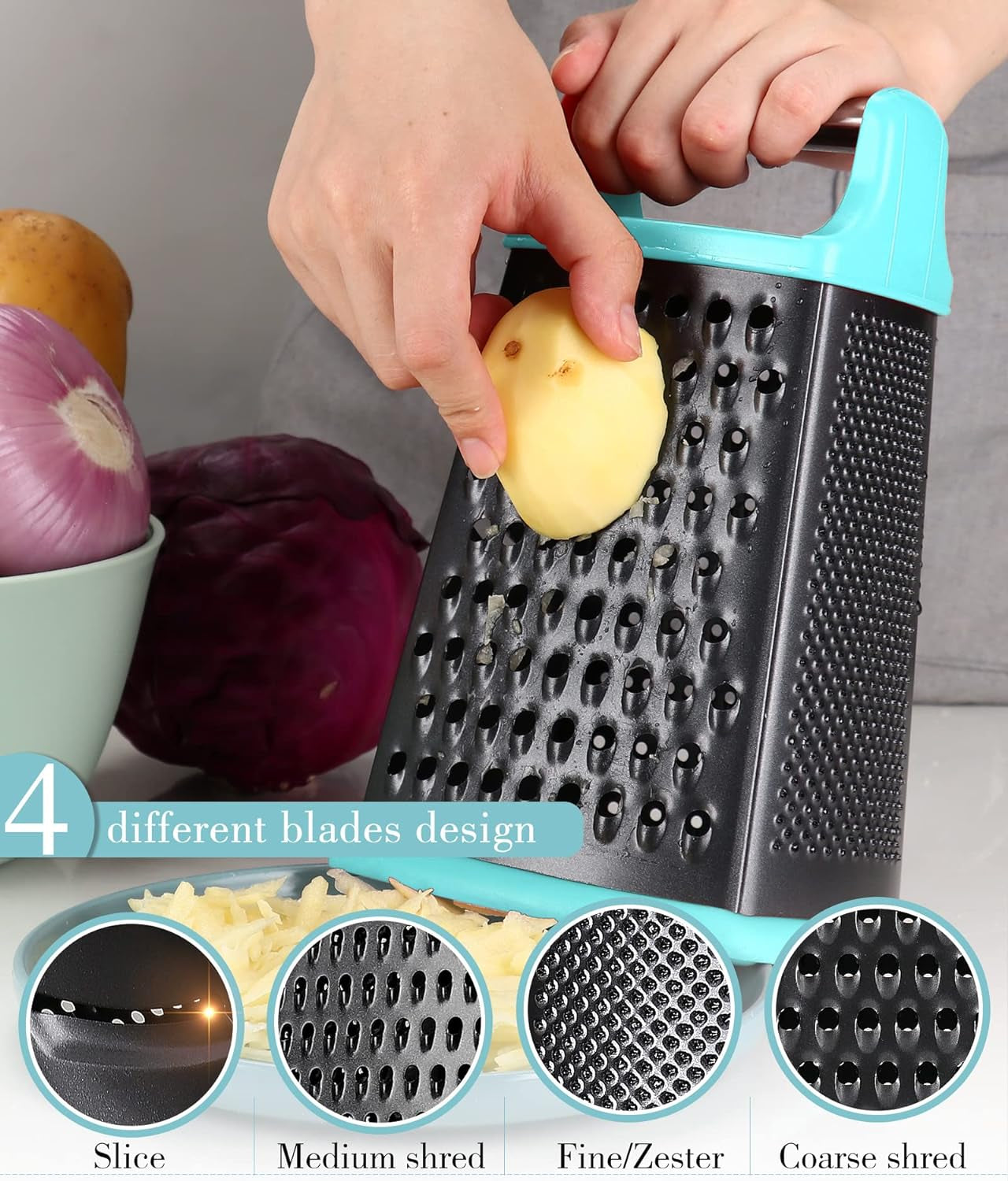 Cheese Grater with Handle,  Stainless Steel Box Grater, 4 Side 10 Inch Vegetable Grater,Slicer, Shredder, Zester with a Container for Lemon, Potato, Carrot, Ginger, Nutmeg(Teal and Black)