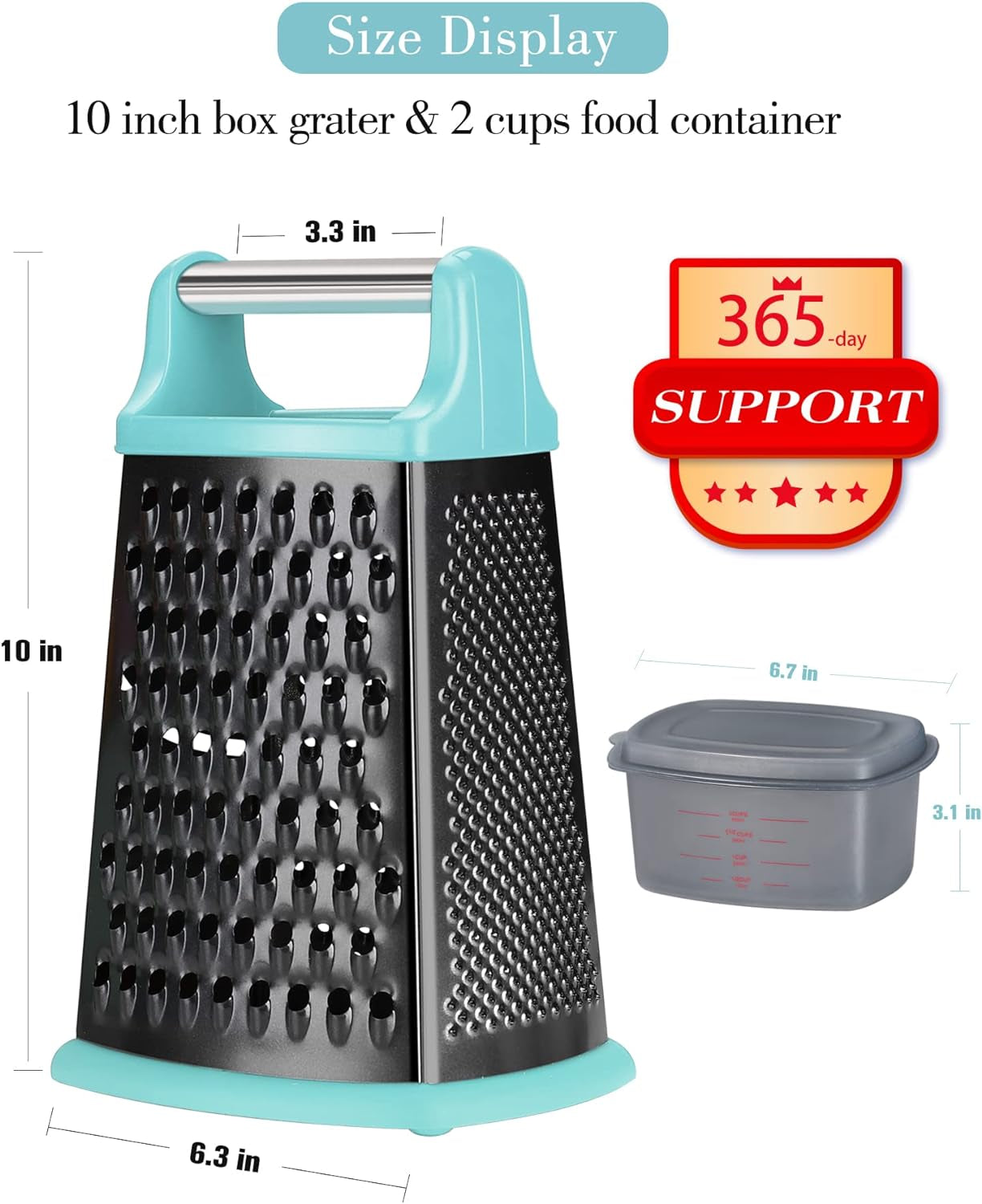 Cheese Grater with Handle,  Stainless Steel Box Grater, 4 Side 10 Inch Vegetable Grater,Slicer, Shredder, Zester with a Container for Lemon, Potato, Carrot, Ginger, Nutmeg(Teal and Black)