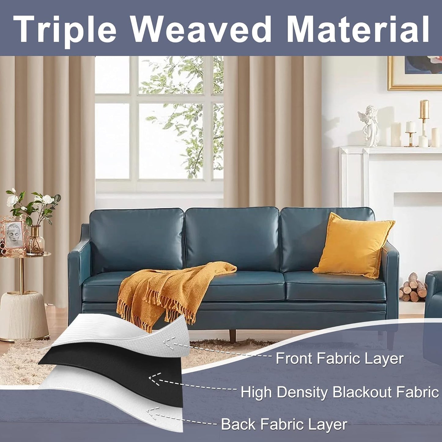 Blackout Curtains for Bedroom– Thermal Insulated,Noise Reducing Room Darkening Rod Pocket Curtains for Living Room, Set of 2 Panels with Tiebacks, 42 X 63 Inch Long, Beige