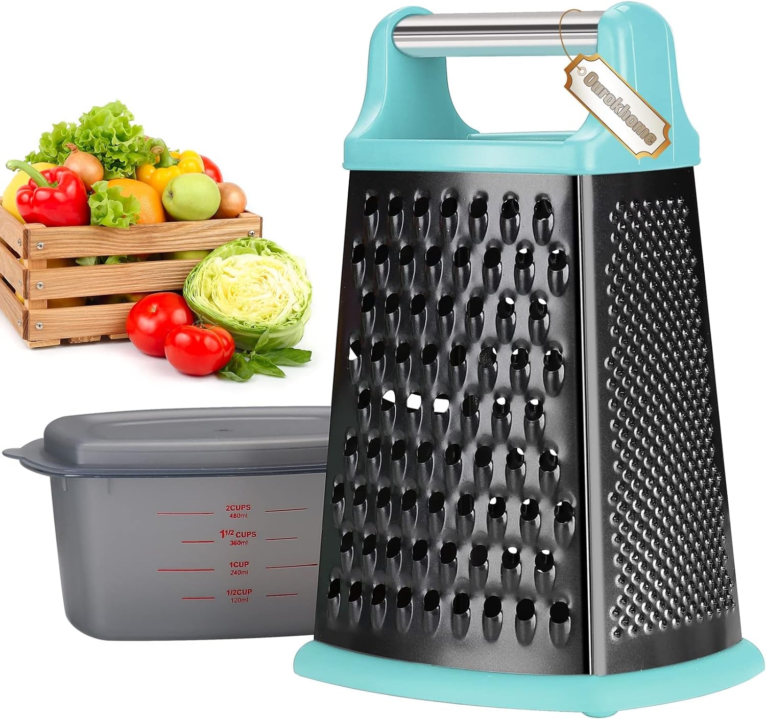 Cheese Grater with Handle,  Stainless Steel Box Grater, 4 Side 10 Inch Vegetable Grater,Slicer, Shredder, Zester with a Container for Lemon, Potato, Carrot, Ginger, Nutmeg(Teal and Black)