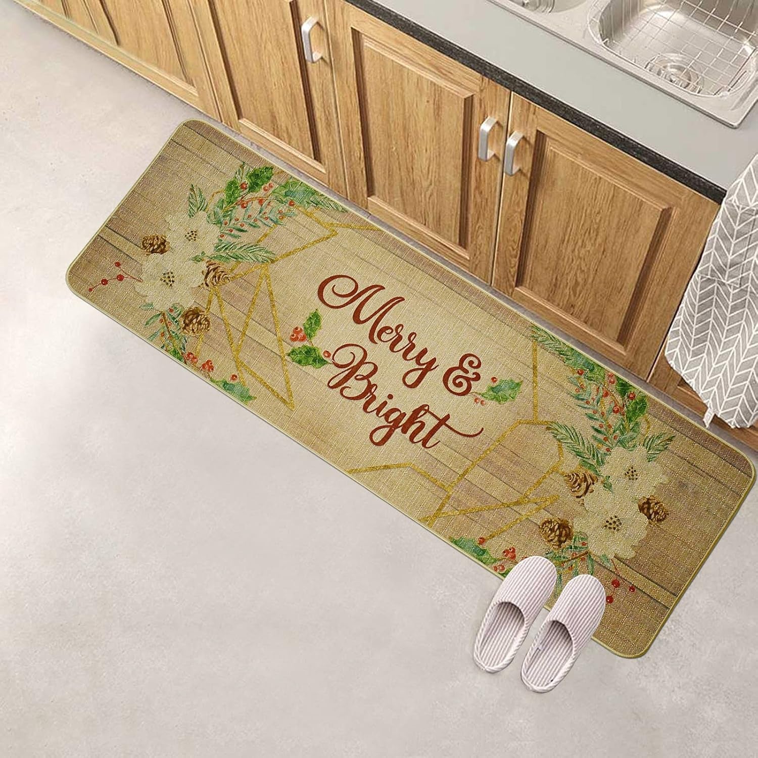 Decorative Christmas Runner Rug Non-Slip Floor Mats Indoor Outdoor Area Carpet Winter Holiday Welcome Doormats Merry Xmas Decor Entrance Rugs for Hallway Kitchen Living Room Bedroom (Merry and Bright)