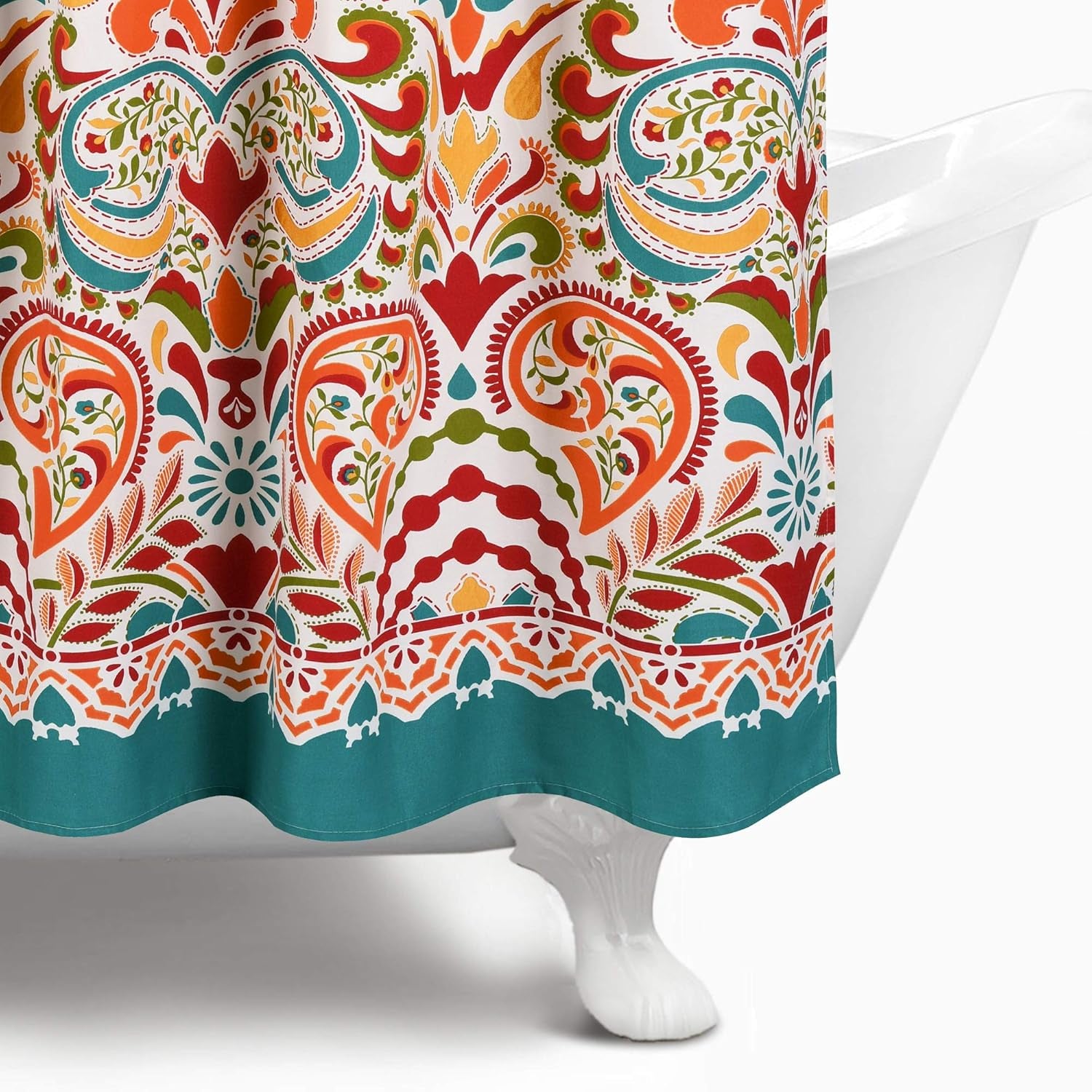 Clara Shower Curtain-Fabric Colorful Boho Paisley Damask Print Design, 72” X 72”, Turquiose & Tangerine