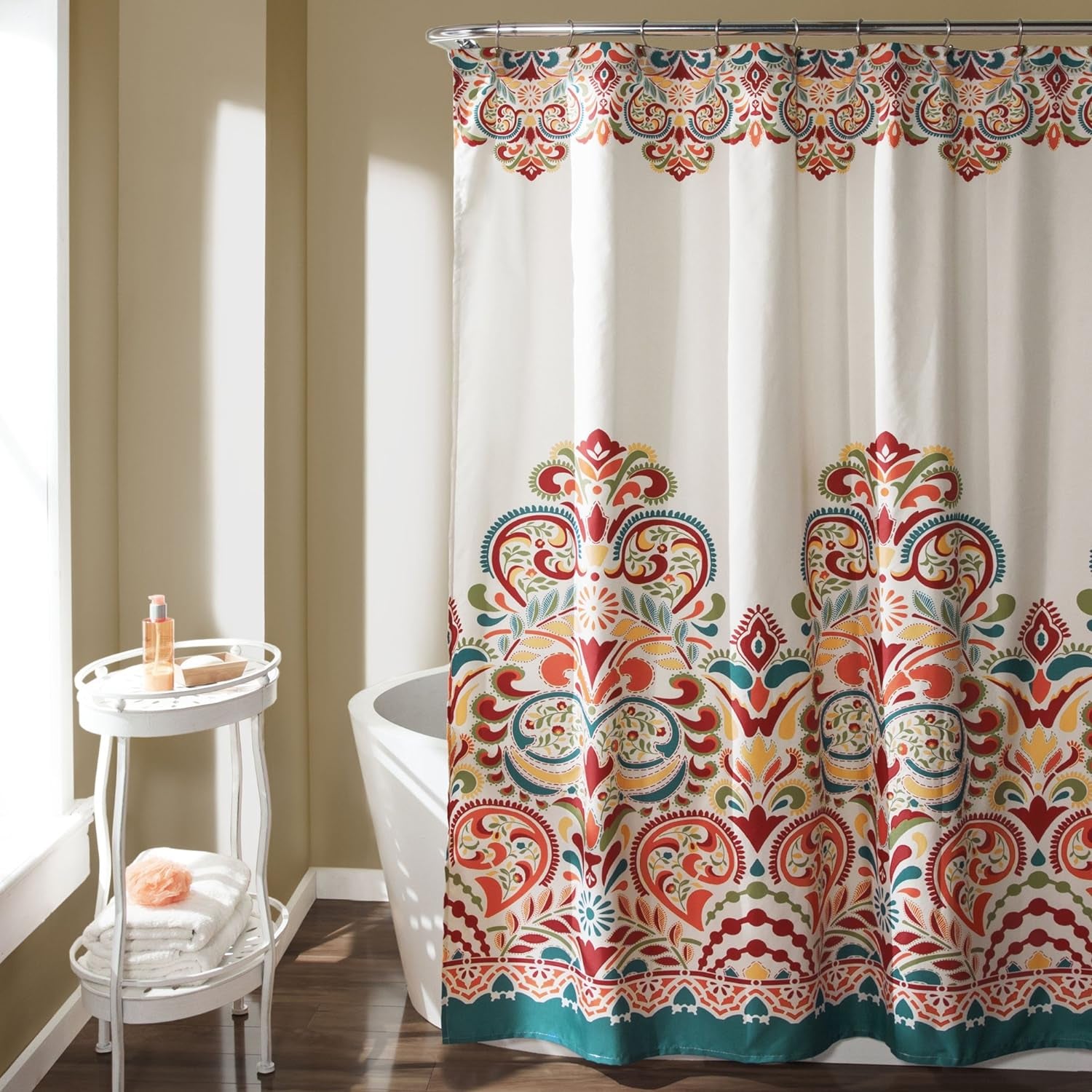 Clara Shower Curtain-Fabric Colorful Boho Paisley Damask Print Design, 72” X 72”, Turquiose & Tangerine