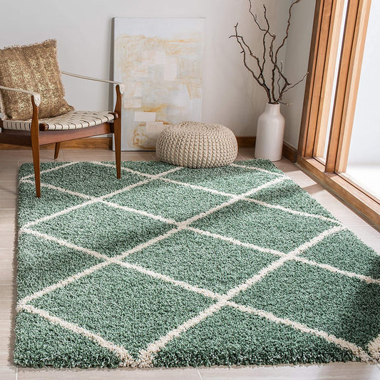 Hudson Shag Collection SGH281Y Modern Diamond Trellis Non-Shedding Living Room Bedroom Dining Room Entryway Plush 2-Inch Thick Area Rug, 7' X 7' Square, Green / Ivory