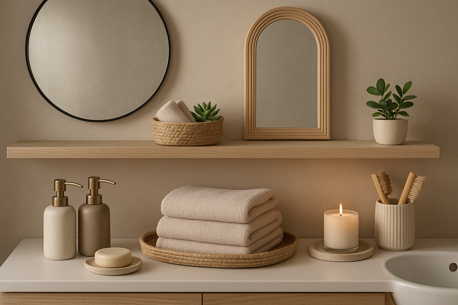 Modern bathroom with curated home essentials and accessories