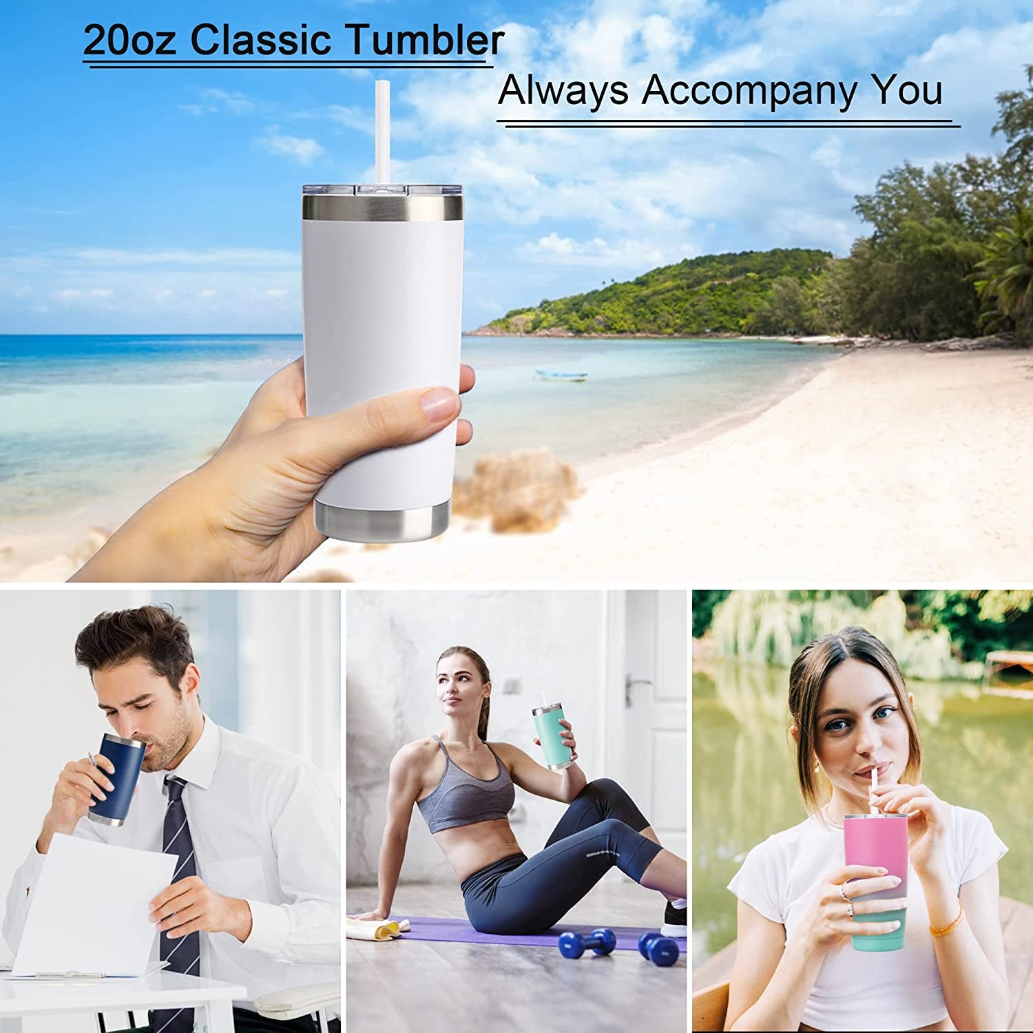 20Oz Tumbler with Lid and Straw, Stainless Steel Vacuum Insulated Water Coffee Tumbler Cup, Double Wall Powder Coated Spill-Proof Travel Mug Thermal Cup for Hot and Cold Drinks(White, 1 Pack)
