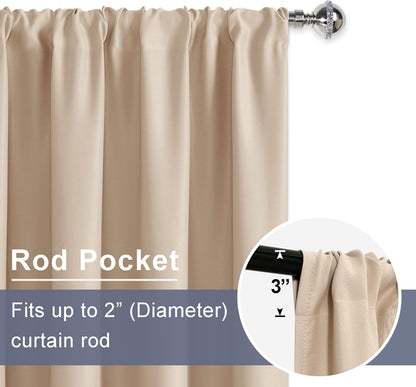 Blackout Curtains for Bedroom– Thermal Insulated,Noise Reducing Room Darkening Rod Pocket Curtains for Living Room, Set of 2 Panels with Tiebacks, 42 X 63 Inch Long, Beige