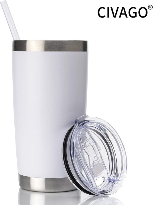 20Oz Tumbler with Lid and Straw, Stainless Steel Vacuum Insulated Water Coffee Tumbler Cup, Double Wall Powder Coated Spill-Proof Travel Mug Thermal Cup for Hot and Cold Drinks(White, 1 Pack)