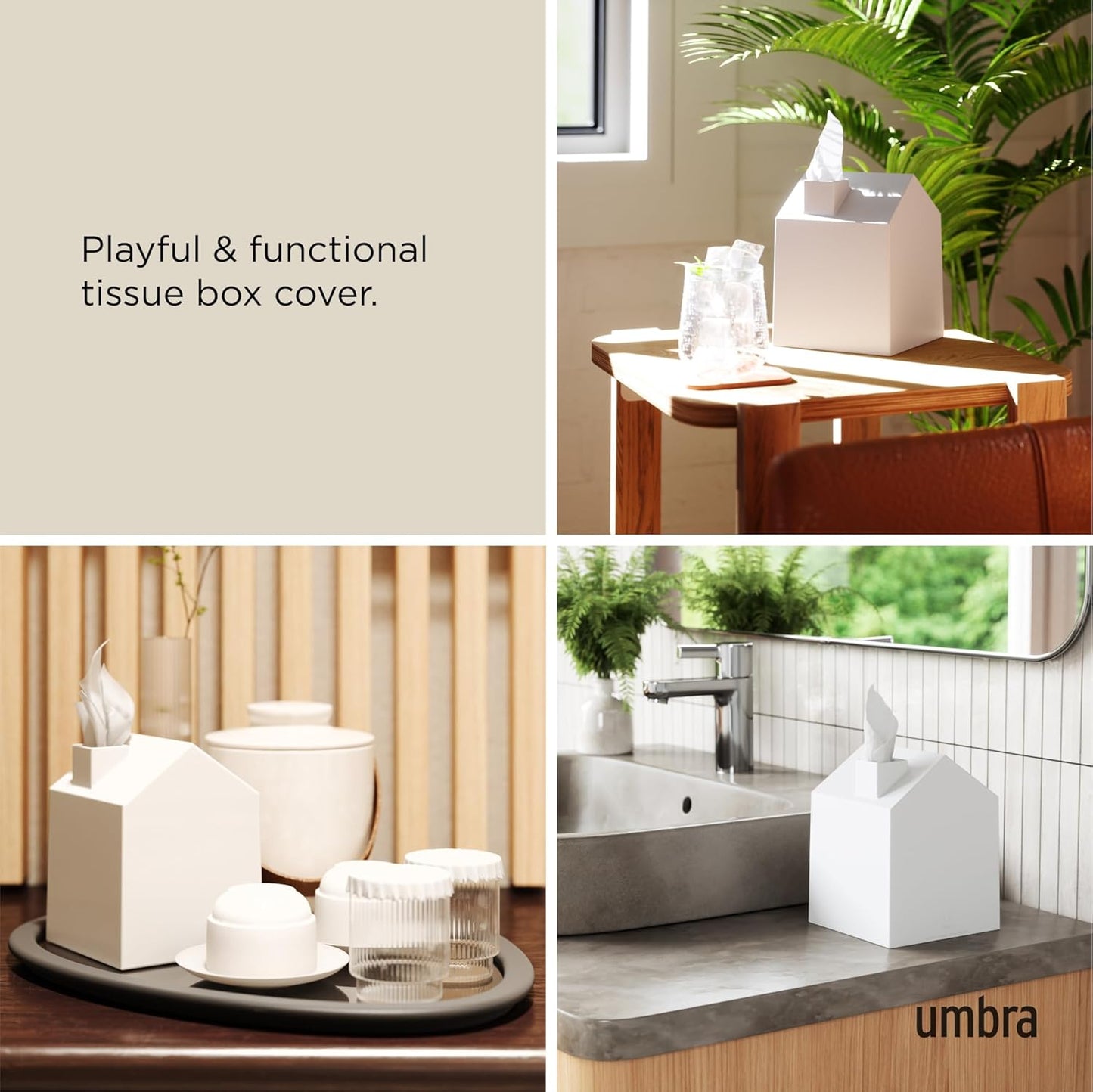 Casa Tissue Box Cover - Adorable House Shaped Square Tissue Box Holder for Bathroom, Bedroom or Office, White