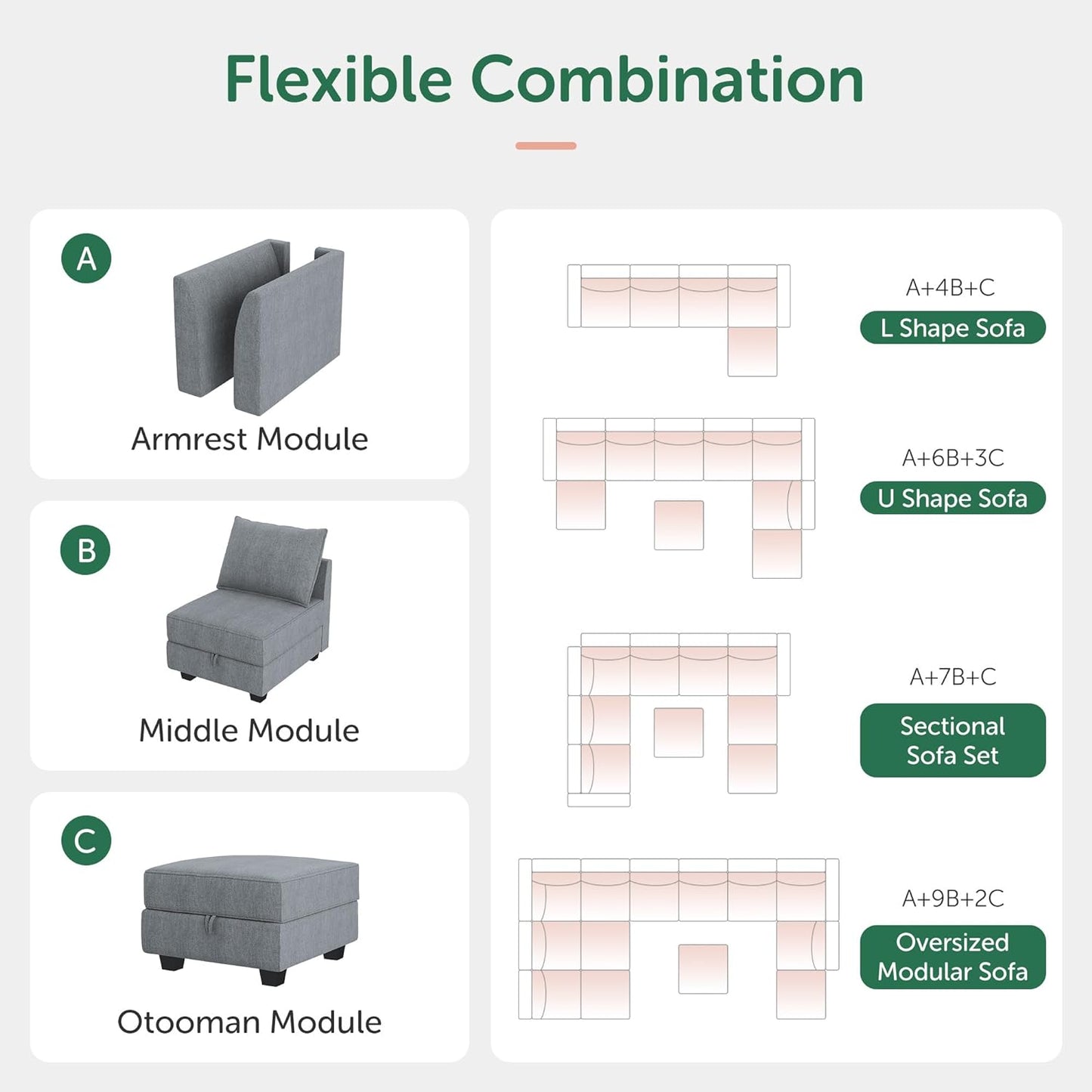 Modern U-Shaped Modular Sectional Sofa Sleeper Couch with Reversible Chaise Modular Sofa Couch with Storage Seats, Bluish Grey