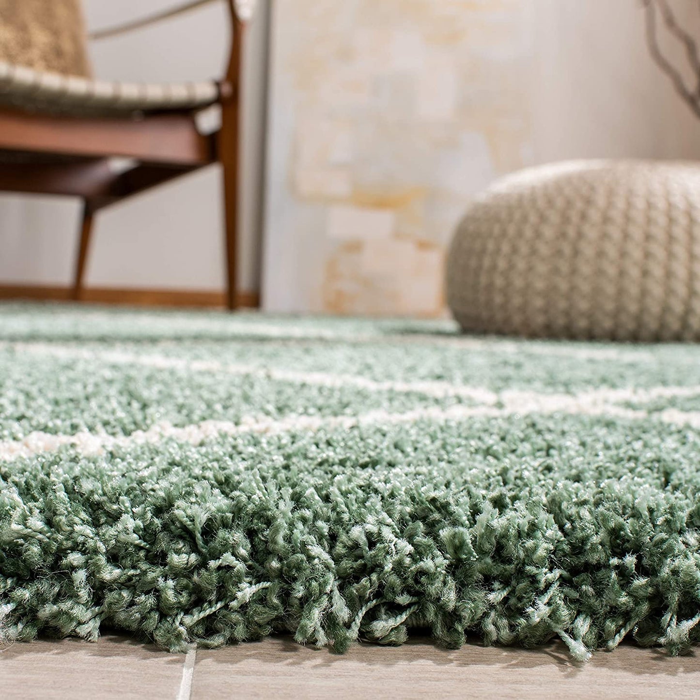 Hudson Shag Collection SGH281Y Modern Diamond Trellis Non-Shedding Living Room Bedroom Dining Room Entryway Plush 2-Inch Thick Area Rug, 7' X 7' Square, Green / Ivory