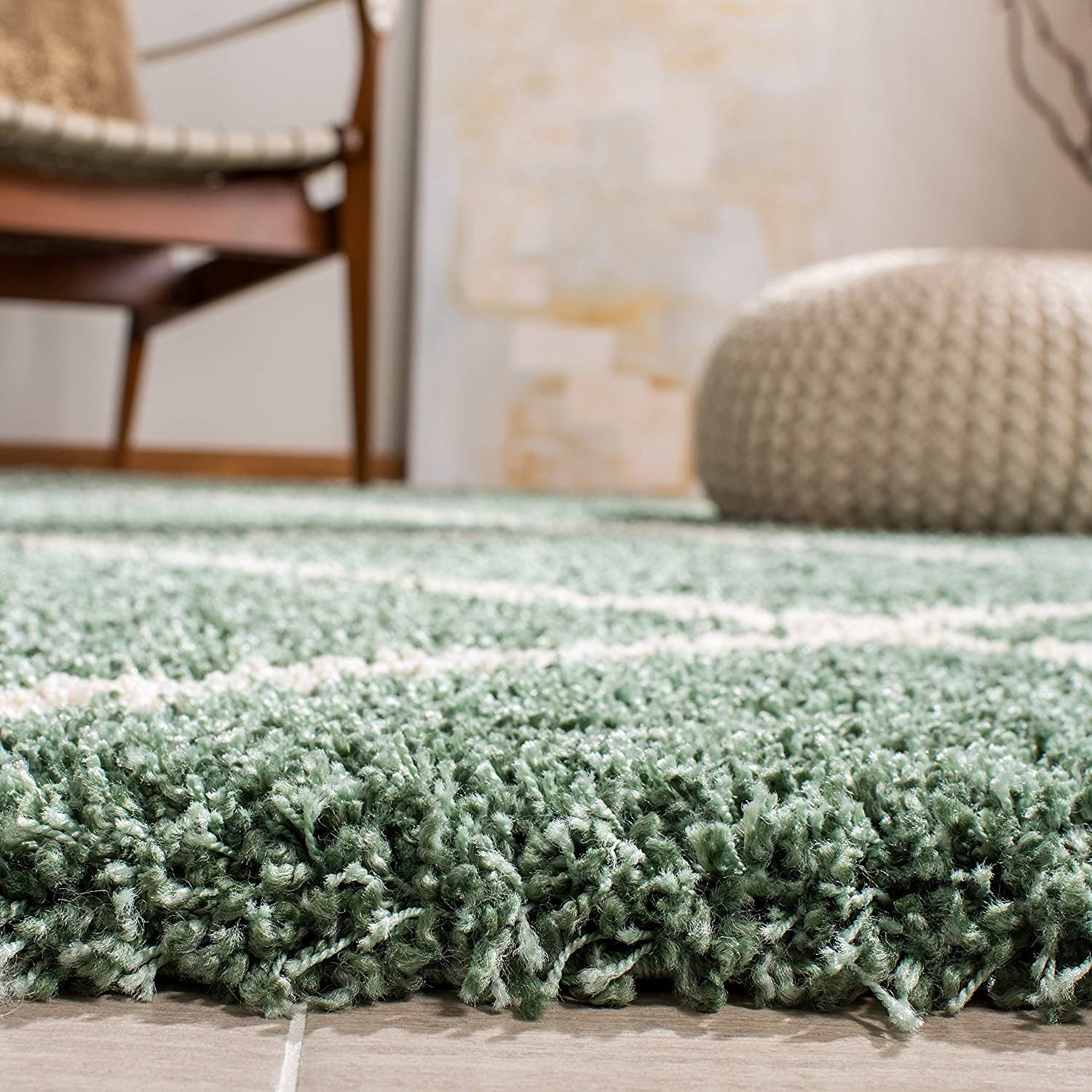 Hudson Shag Collection SGH281Y Modern Diamond Trellis Non-Shedding Living Room Bedroom Dining Room Entryway Plush 2-Inch Thick Area Rug, 7' X 7' Square, Green / Ivory