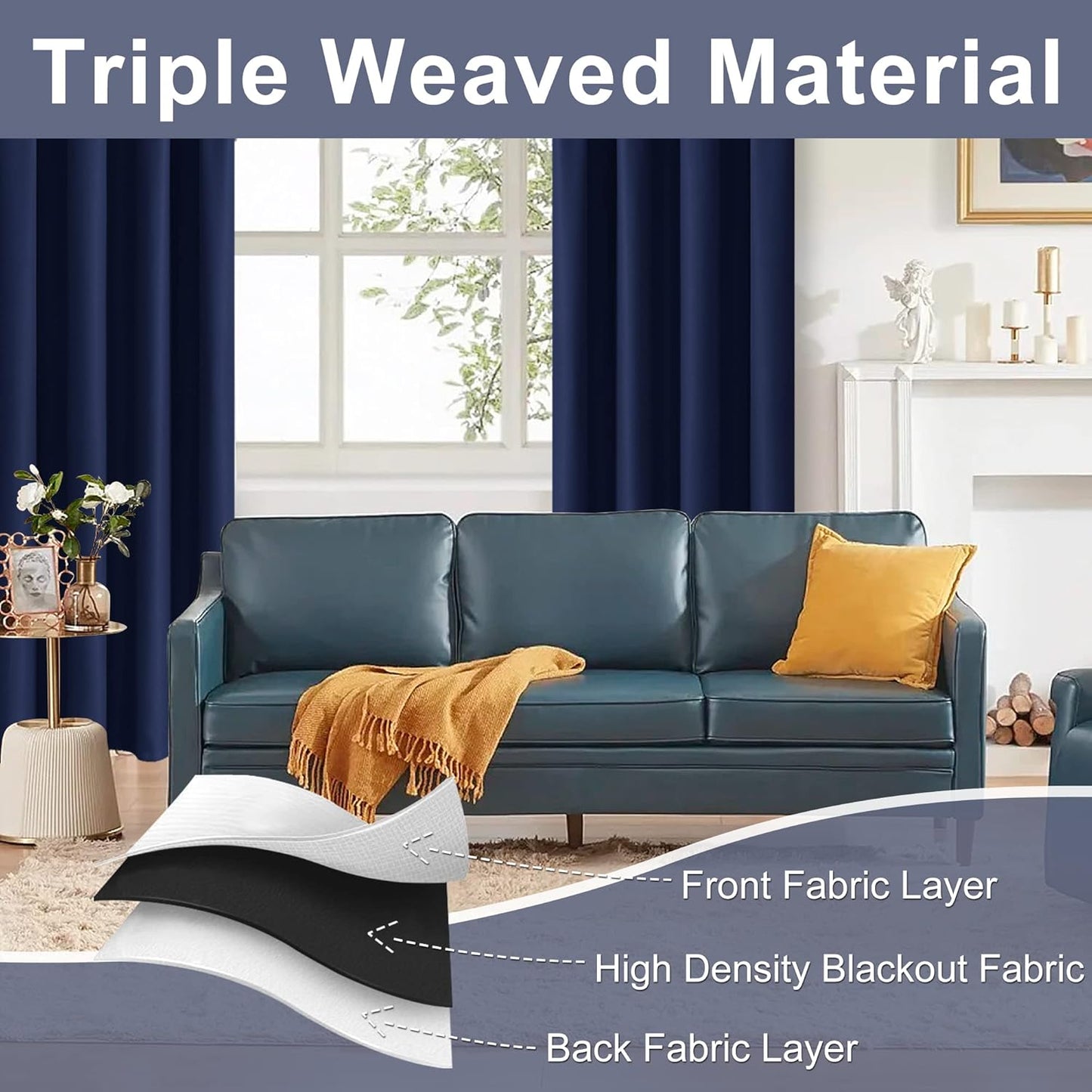 Blackout Curtains for Bedroom– Thermal Insulated,Noise Reducing Room Darkening Drapes for Living Room, Rod Pocket Curtains with Tiebacks, Set of 2 Panels, 42 X 63 Inch Length, Navy Blue