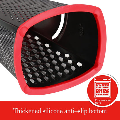 Cheese Grater with Handle, Stainless Steel Box Grater, 4 Side Kitchen Vegetable Shredder Slicer Zester with Container for Parmesan, Cabbage, Ginger, Lemon, Chocolate, Coconut (Red and Black)