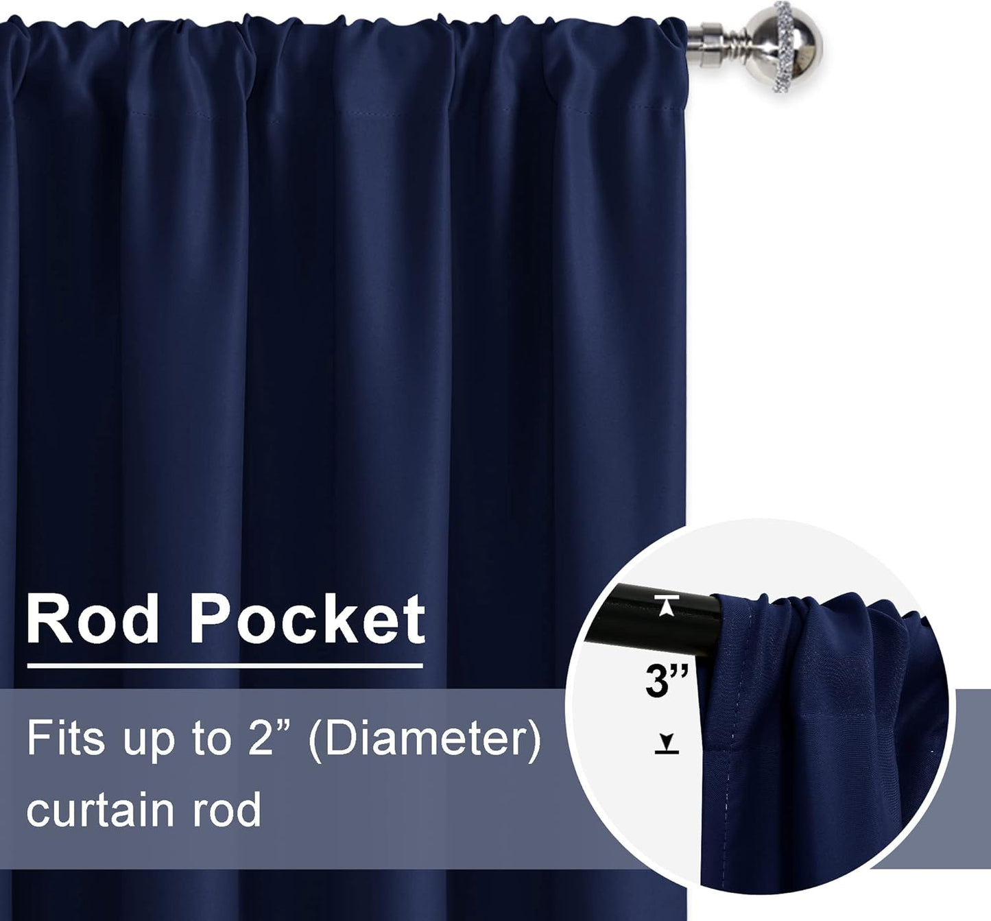 Blackout Curtains for Bedroom– Thermal Insulated,Noise Reducing Room Darkening Drapes for Living Room, Rod Pocket Curtains with Tiebacks, Set of 2 Panels, 42 X 63 Inch Length, Navy Blue