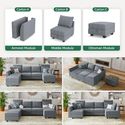 Modern U-Shaped Modular Sectional Sofa Sleeper Couch with Reversible Chaise Modular Sofa Couch with Storage Seats, Bluish Grey
