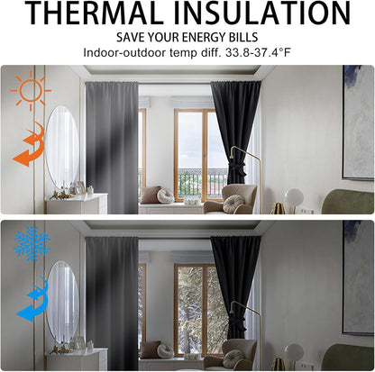 Blackout Curtains for Bedroom– Thermal Insulated,Noise Reducing Room Darkening Rod Pocket Curtains for Living Room, Set of 2 Panels with Tiebacks, 42 X 63 Inch Long, Black