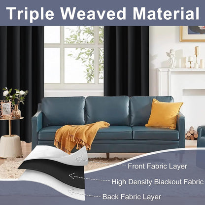 Blackout Curtains for Bedroom– Thermal Insulated,Noise Reducing Room Darkening Rod Pocket Curtains for Living Room, Set of 2 Panels with Tiebacks, 42 X 63 Inch Long, Black