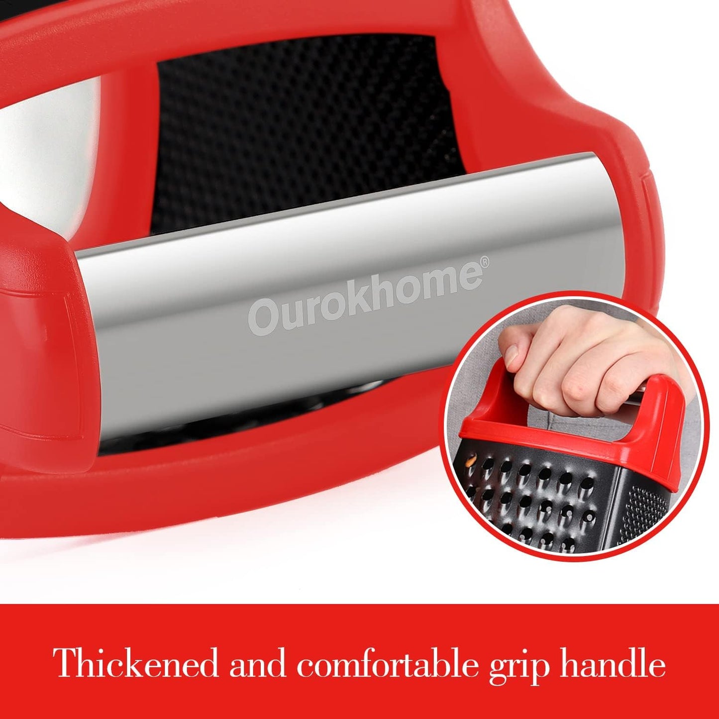 Cheese Grater with Handle, Stainless Steel Box Grater, 4 Side Kitchen Vegetable Shredder Slicer Zester with Container for Parmesan, Cabbage, Ginger, Lemon, Chocolate, Coconut (Red and Black)