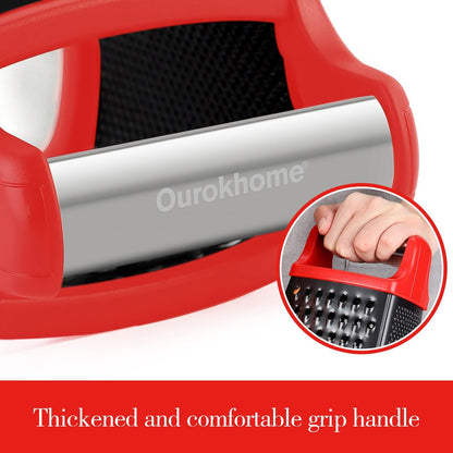 Cheese Grater with Handle, Stainless Steel Box Grater, 4 Side Kitchen Vegetable Shredder Slicer Zester with Container for Parmesan, Cabbage, Ginger, Lemon, Chocolate, Coconut (Red and Black)