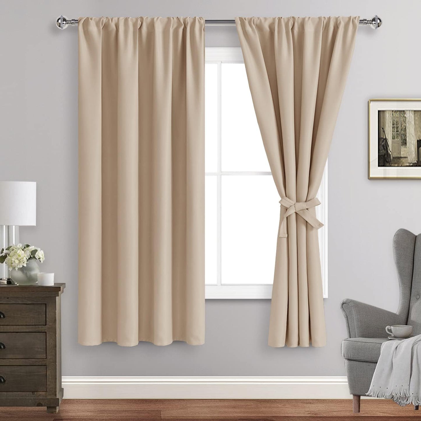 Blackout Curtains for Bedroom– Thermal Insulated,Noise Reducing Room Darkening Rod Pocket Curtains for Living Room, Set of 2 Panels with Tiebacks, 42 X 63 Inch Long, Beige