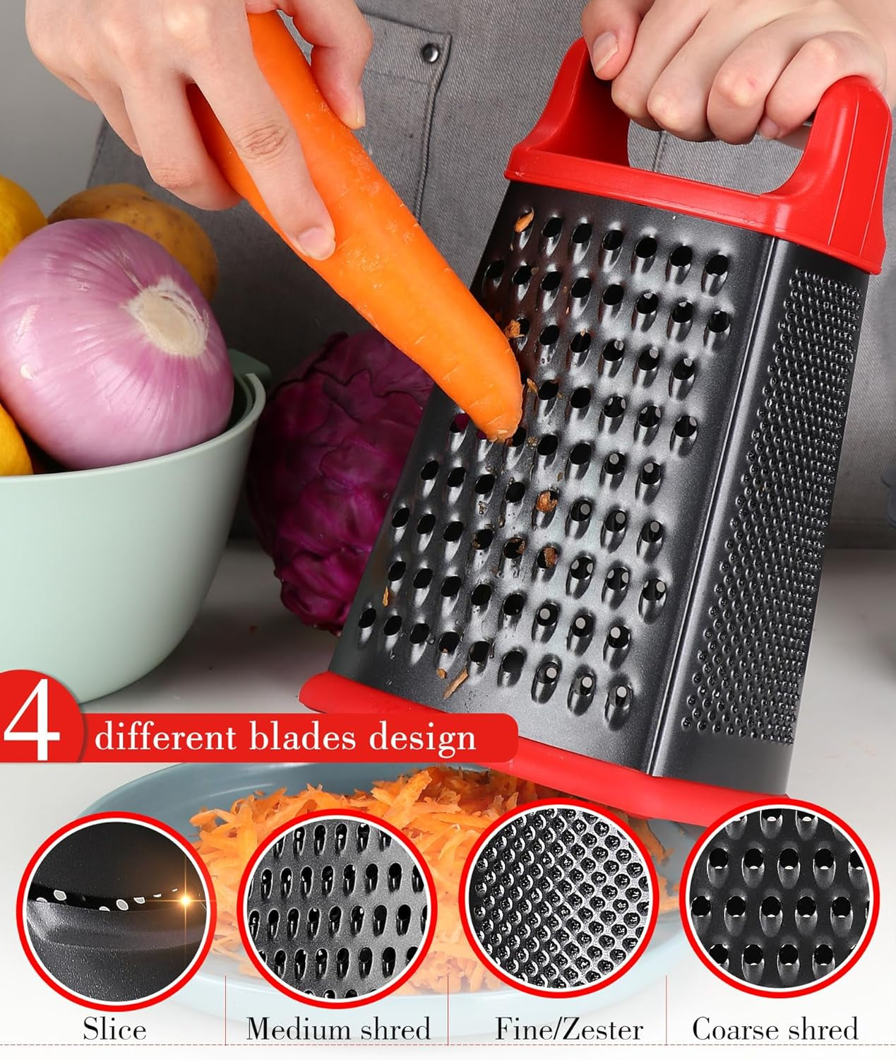 Cheese Grater with Handle, Stainless Steel Box Grater, 4 Side Kitchen Vegetable Shredder Slicer Zester with Container for Parmesan, Cabbage, Ginger, Lemon, Chocolate, Coconut (Red and Black)