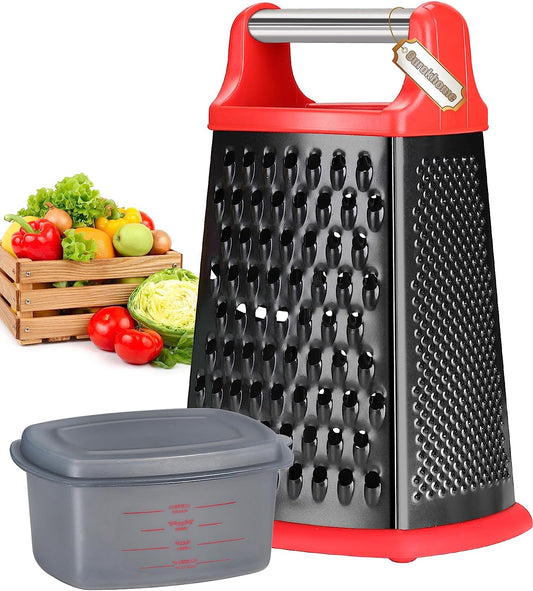 Cheese Grater with Handle, Stainless Steel Box Grater, 4 Side Kitchen Vegetable Shredder Slicer Zester with Container for Parmesan, Cabbage, Ginger, Lemon, Chocolate, Coconut (Red and Black)