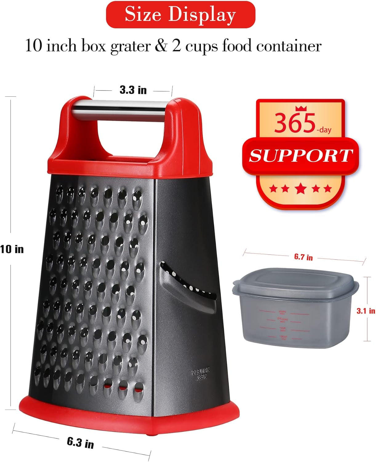 Cheese Grater with Handle, Stainless Steel Box Grater, 4 Side Kitchen Vegetable Shredder Slicer Zester with Container for Parmesan, Cabbage, Ginger, Lemon, Chocolate, Coconut (Red and Black)